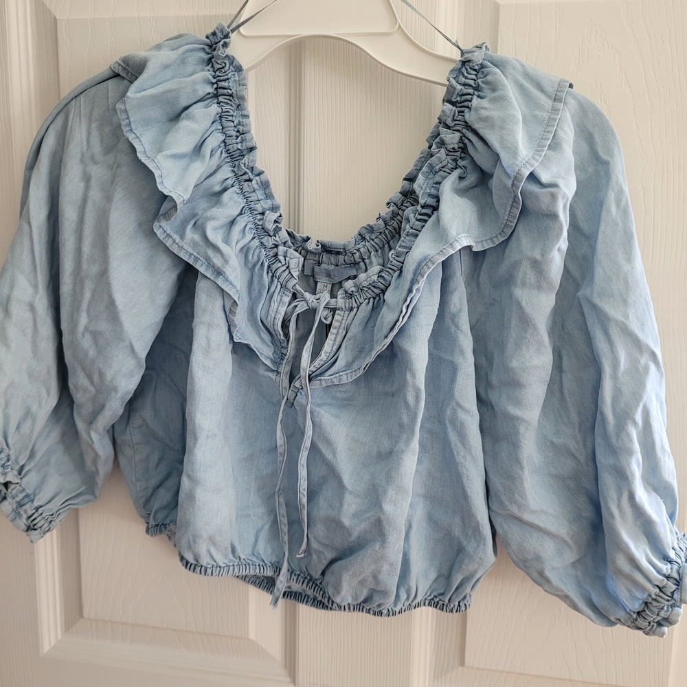 Love Tree Blue Ruffled Puff Sleeve Blouse